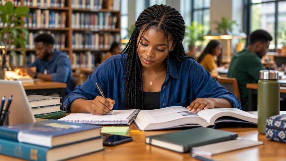 Student preparing for academic work with textbooks, notebooks, and a study planner