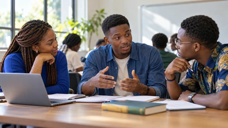 Student explaining an idea to two attentive classmates during a discussion