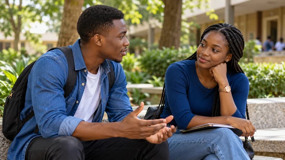 Two students having a thoughtful conversation in a campus courtyard