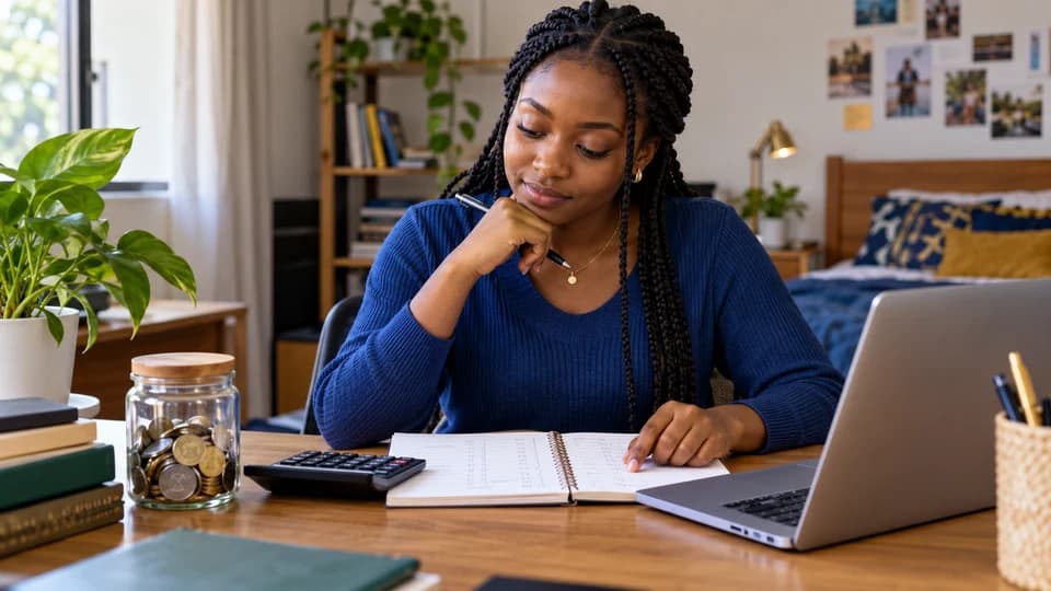 Student reviewing a budget with a calculator, notebook, and savings jar