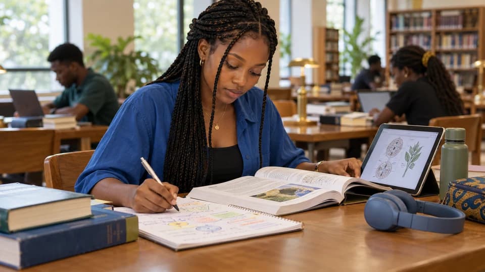 Student studying with a notebook, illustrated textbook, and headphones in a library