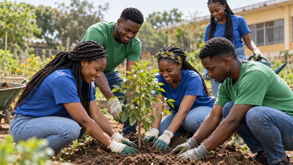 Young community volunteers working together to plant a tree near a school